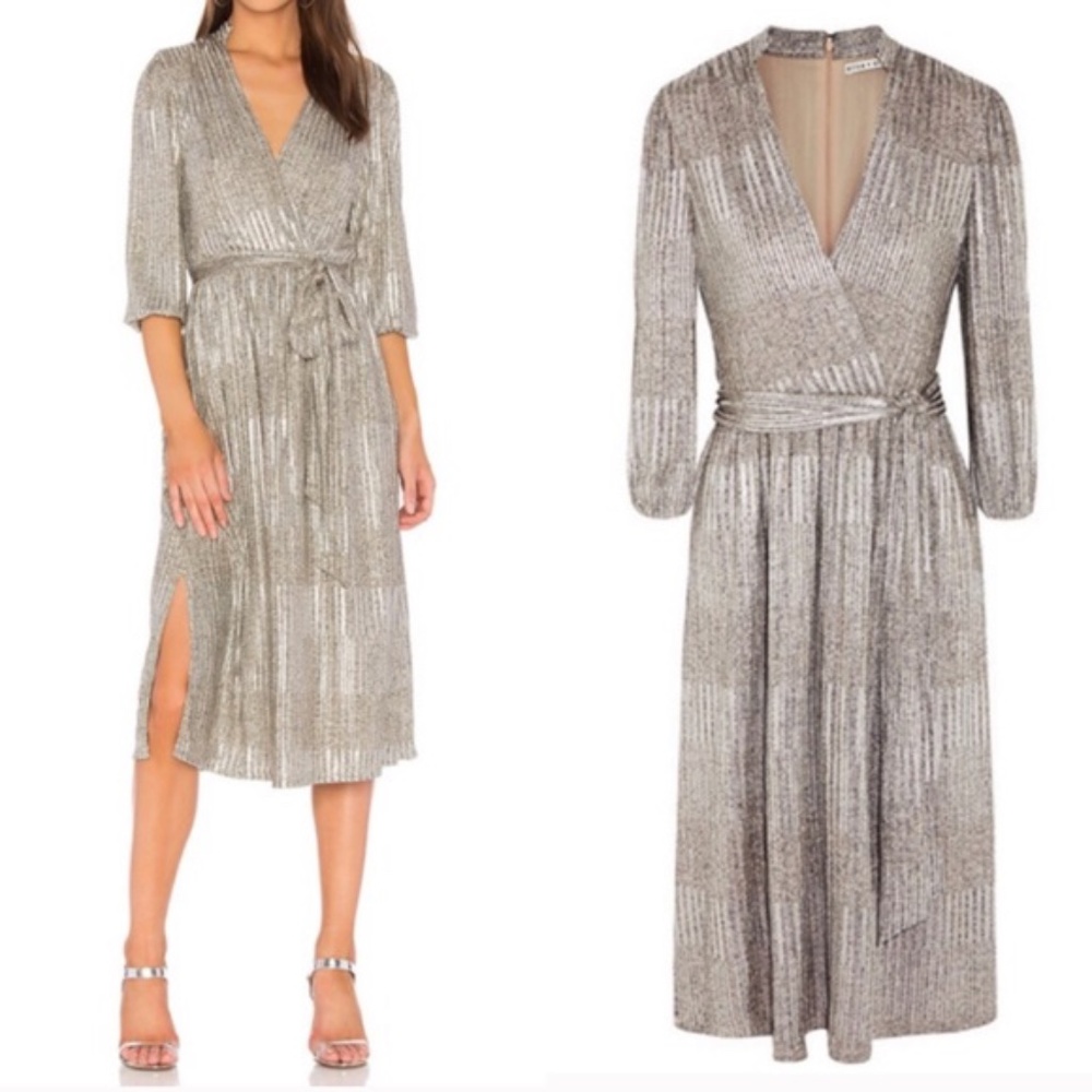 NWOT Alice + Olivia KATINA Silver Midi Wrap Dress